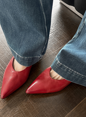 Kmeizu不累脚~2cm异型鸡蛋跟单鞋女新款真皮小红鞋通勤宴会瓢鞋