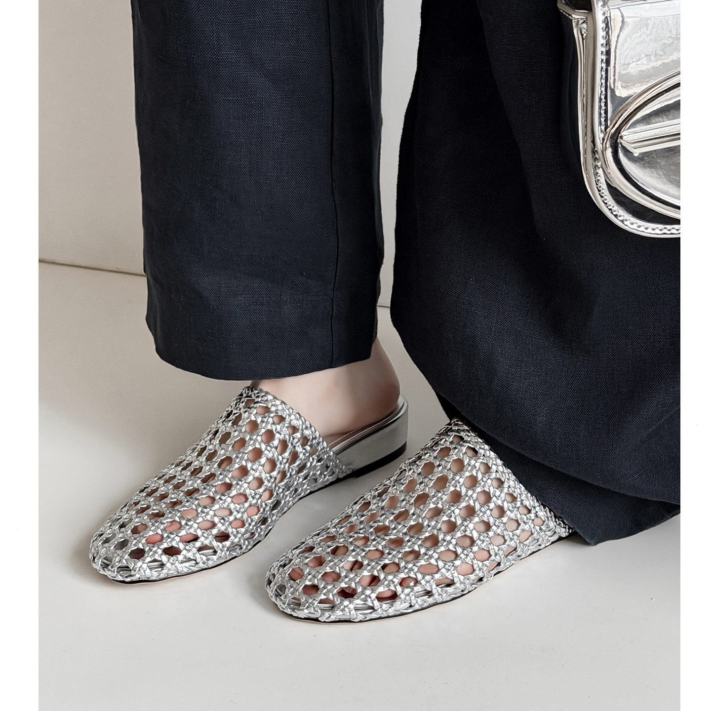 Kmeizu巨软~3cm内增高编织拖鞋女夏外穿镂空透气渔网半拖穆勒凉拖