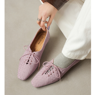 Kmeizu高定手工~编织系带单鞋女新款纯真皮方头小皮鞋英式德比鞋