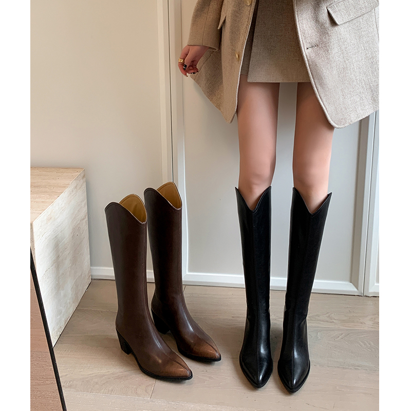 尖头优雅秋冬长靴擦色高筒靴