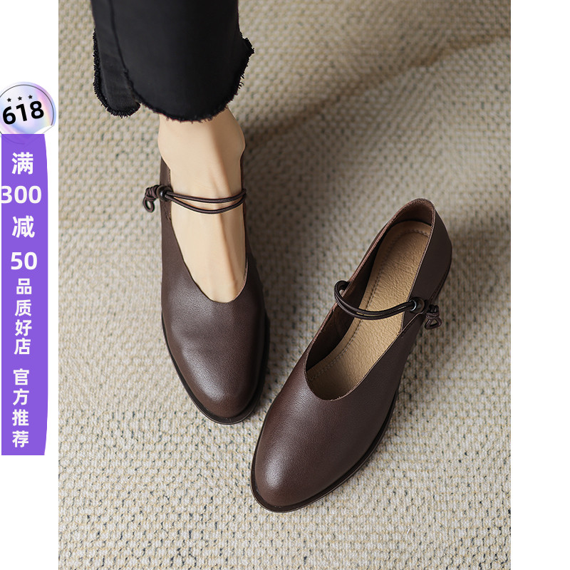 Kmeizu巨软~纯皮玛丽珍鞋女2023新款法式复古小皮鞋中跟踩跟单鞋