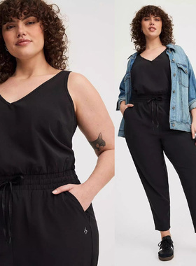 130-240斤 T家欧美特大码女黑色薄梭织速干吊带户外运动连体裤P57