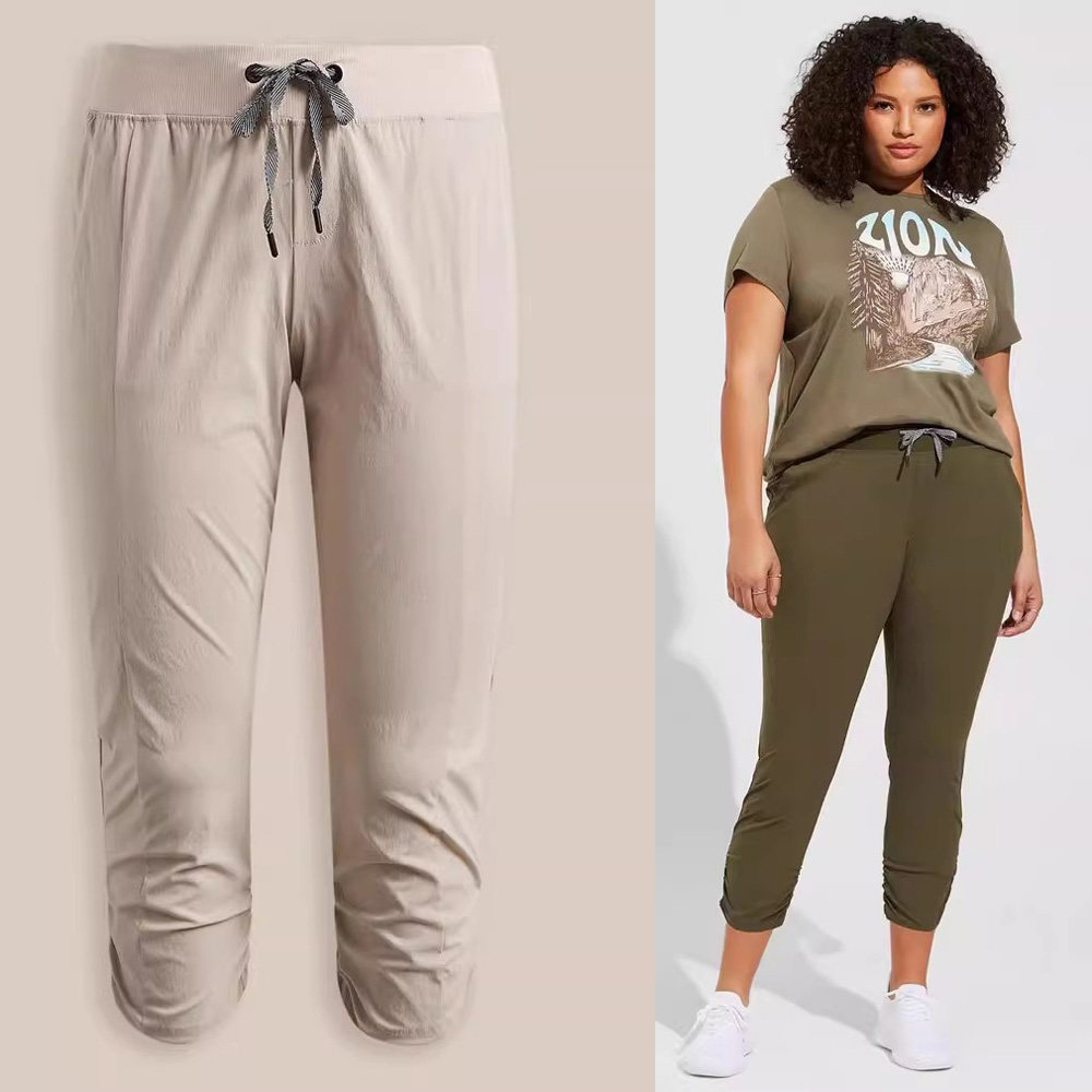 瑕疵200斤400斤欧美特大码女米色速干轻薄弹力运动高腰九分裤Y89