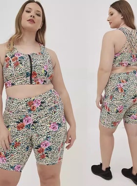 200斤300斤欧美大码女速干印花健身运动拉链背心式文胸裤子Y132