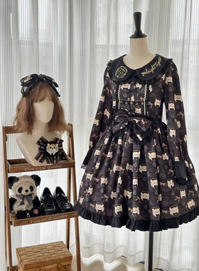 现货·秋日虎虎长袖op黑色晚安了喵原创设计lolita连衣裙仿棉轻薄