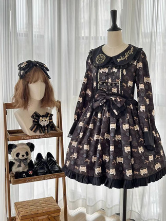 现货·秋日虎虎长袖op黑色晚安了喵原创设计lolita连衣裙仿棉轻薄