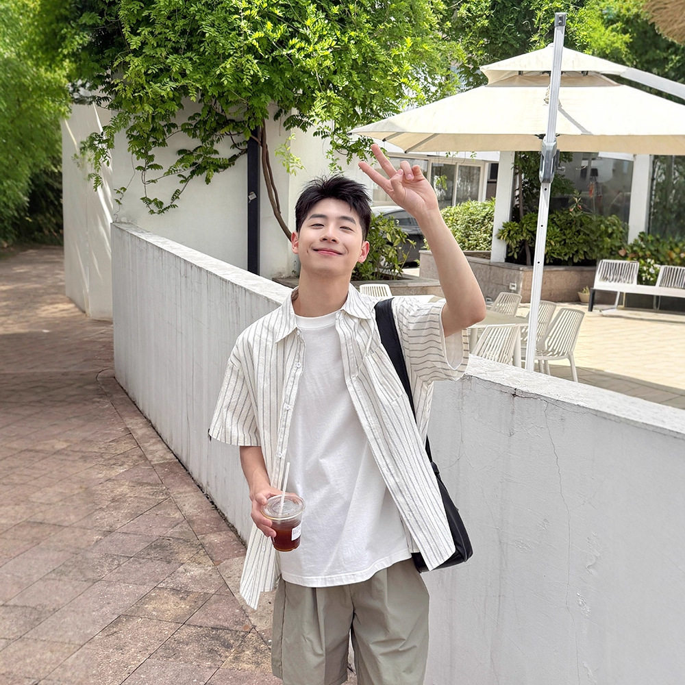 白色条纹短袖衬衫男夏季新款百搭