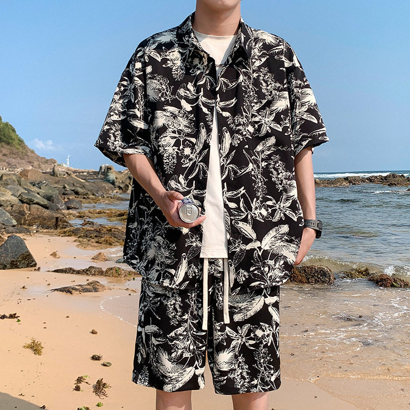 碎花衬衫短裤沙滩套装男夏季潮牌痞帅海边穿搭大码冰丝两件套夏装