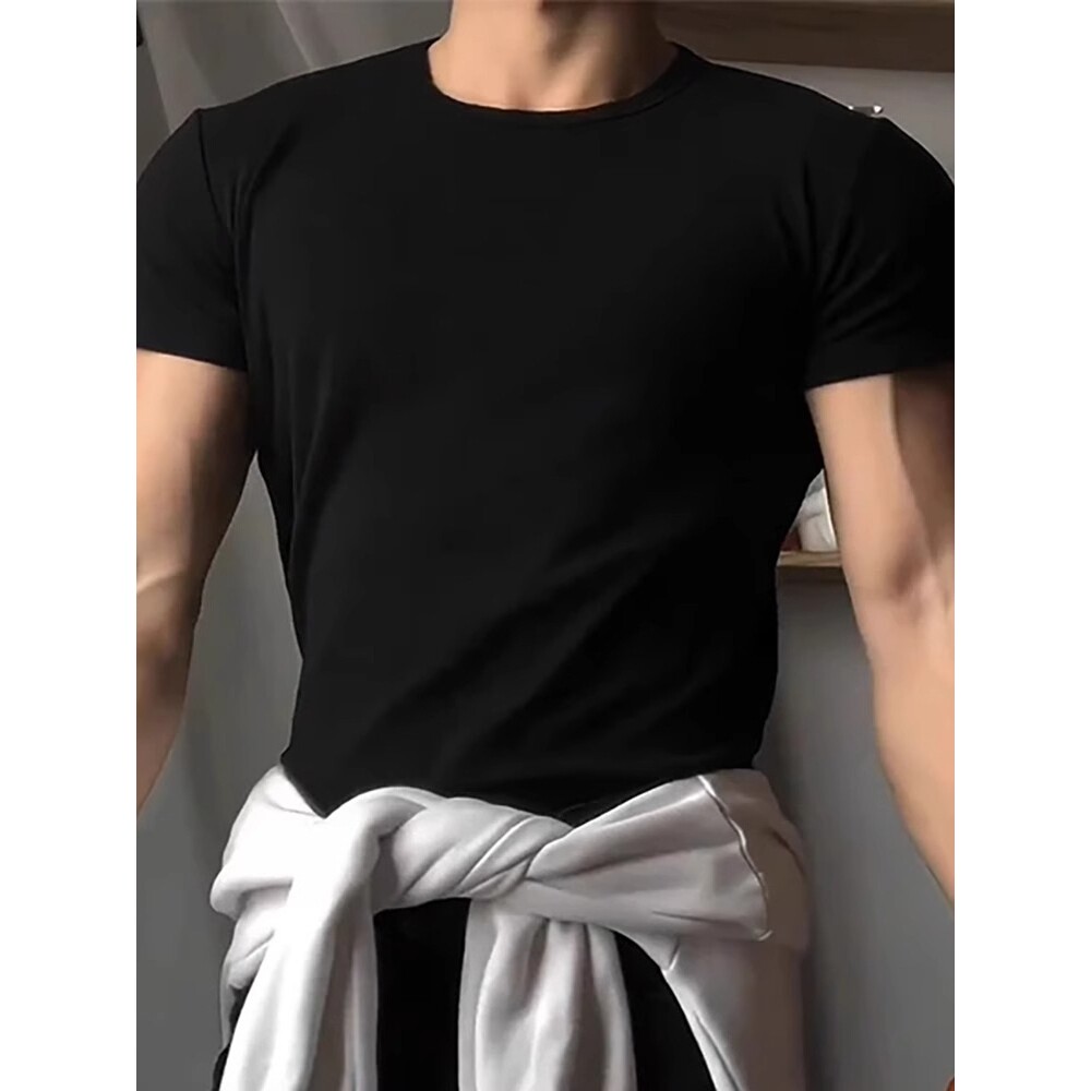 黑色显肌肉T恤男夏季健身运动弹力修身短袖cleanfit小领口半截袖
