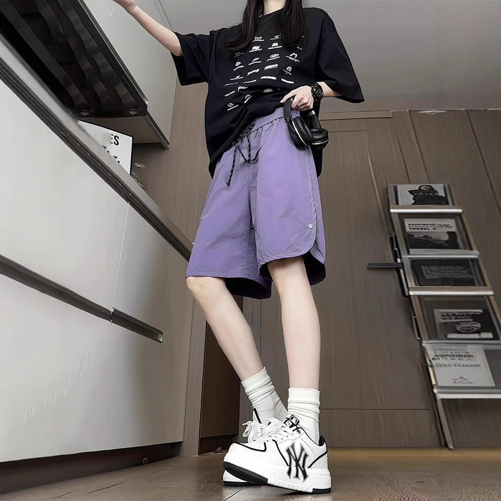 紫色多巴胺速干五分裤男女夏季侧边排扣工装短裤薄款情侣沙滩中裤