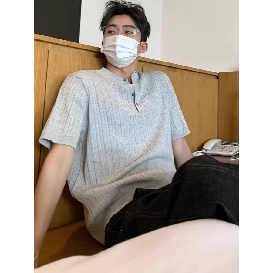 男士夏季短袖t恤高级感针织纯色套头纽扣短袖t恤男夏季韩版宽松亨