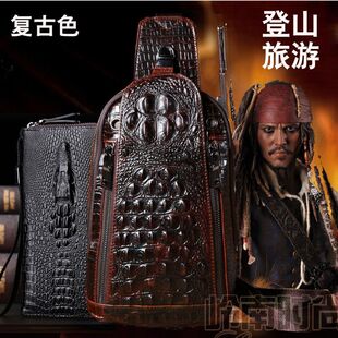 2025新款 牛皮斜跨胸包真皮胸前跨包户外潮男 鳄鱼纹男款