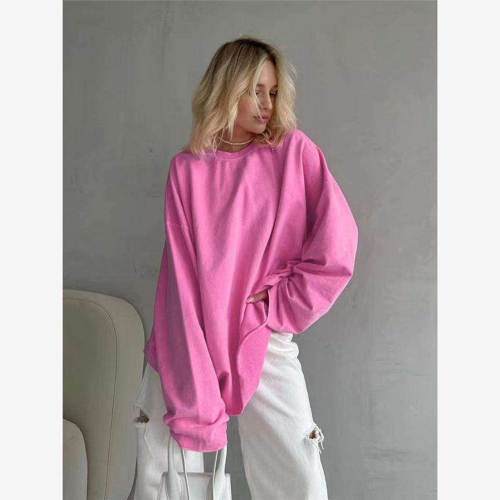 Pink casual T-shirt 法式粉色宽松弹力圆领长袖套头街头风T恤女,女装/女士精品,衬衫,淘宝优惠券,粉丝福利购,淘宝优惠卷