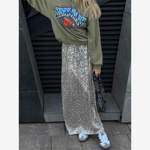 Sequin long skirt 欧美风街头潮流长款性感辣妹亮片高腰半身裙女