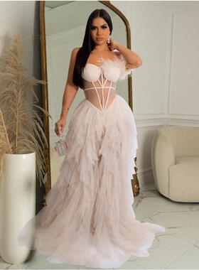 Mesh Breast Wrap Dress 欧美性感无袖毛毛裹胸网纱透视聚会长裙