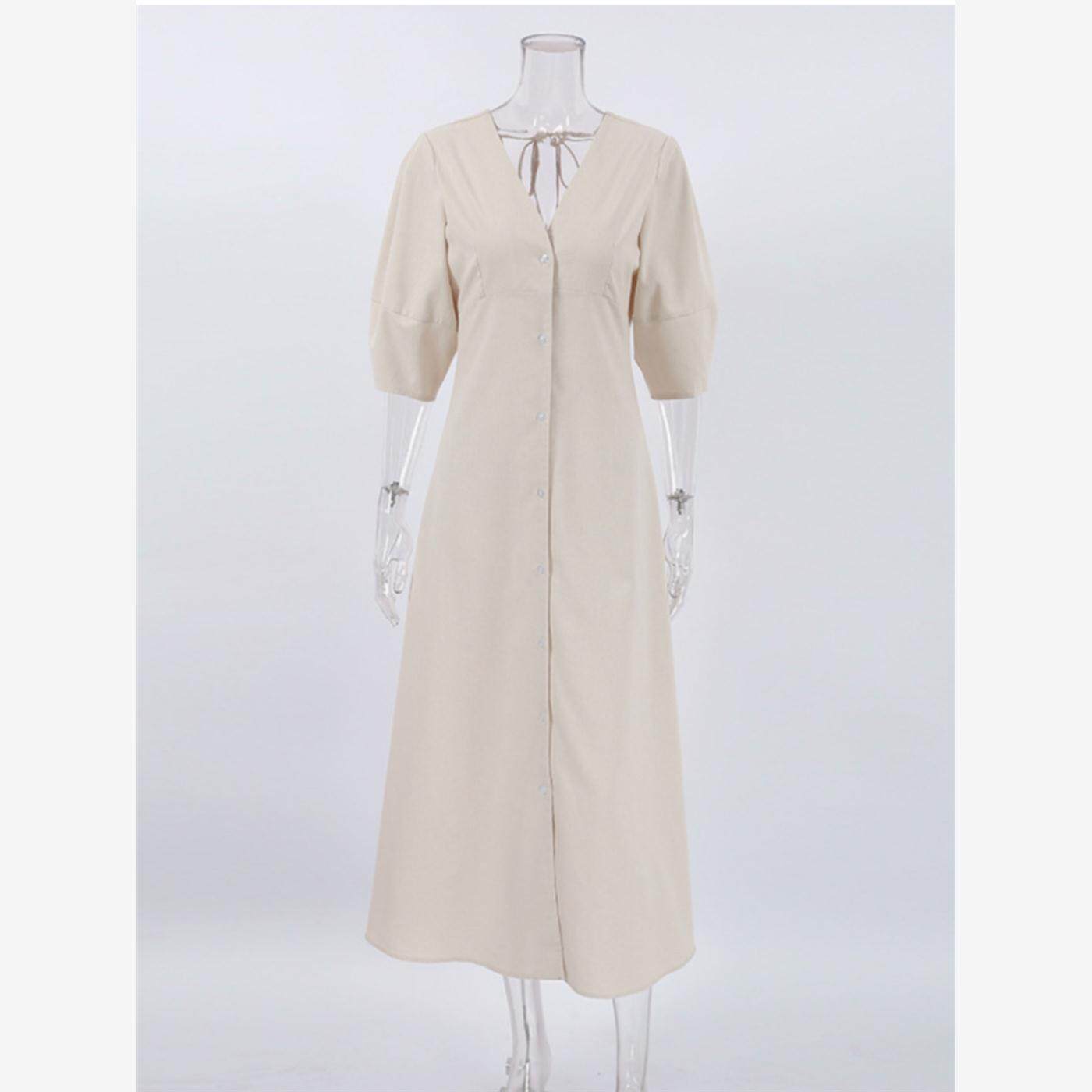 Cotton V-neck dress法式轻熟风米色棉麻V领泡泡袖露背系带连衣裙