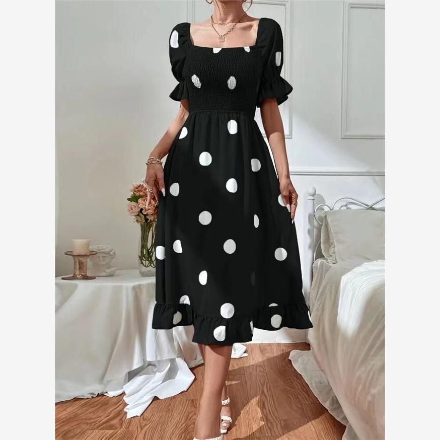 甜美夏季方领大圆点波点修身甜美荷叶边短袖中长款连衣裙女DRESS