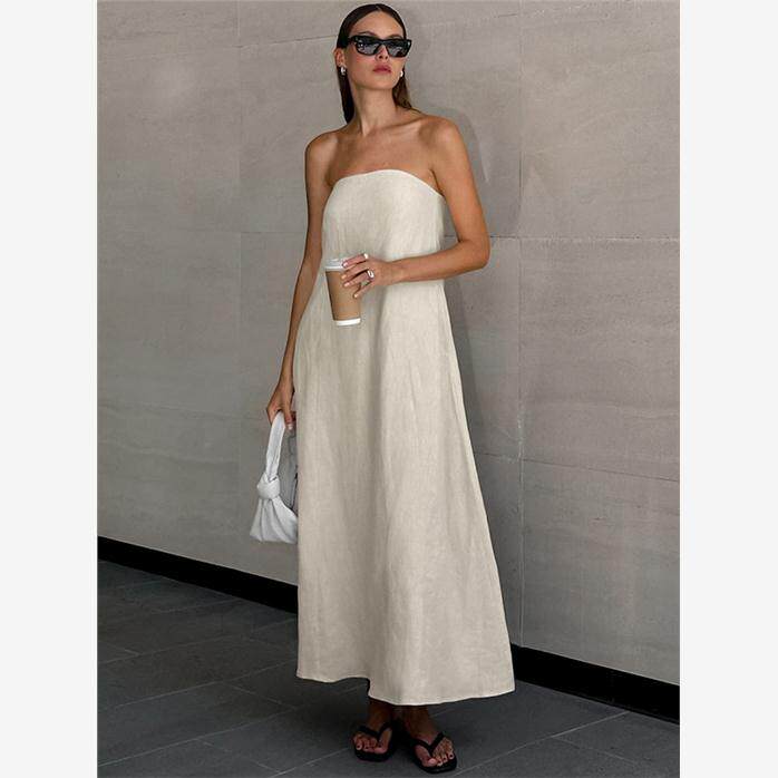 Khaki sexy long dress 法式卡其色棉麻性感抹胸度假风高腰连衣裙