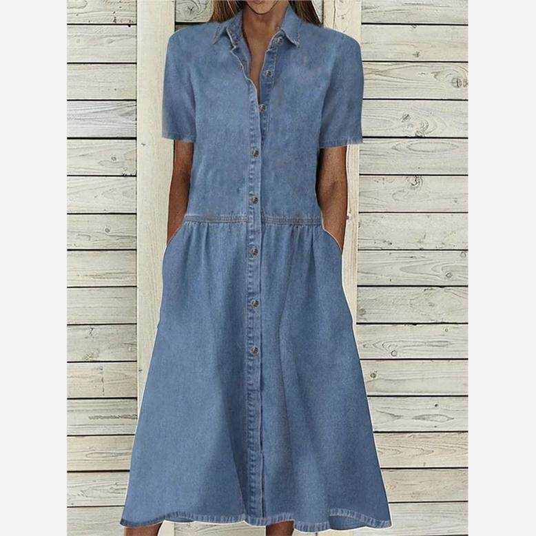 街头春夏POLO领单排扣蓝色A字休闲短袖仿牛仔中长款连衣裙女DRESS