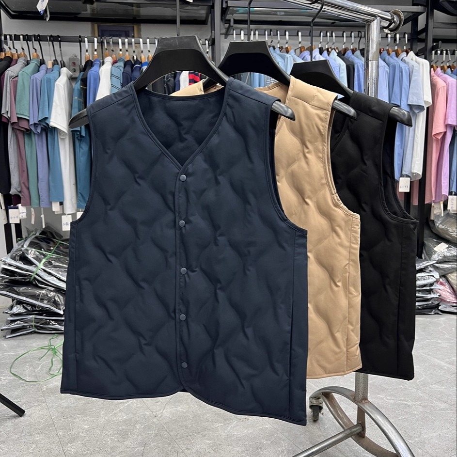 男士秋冬棉马甲内搭保暖无缝压胶分仓填充羊毛混纺轻薄棉背心纯色