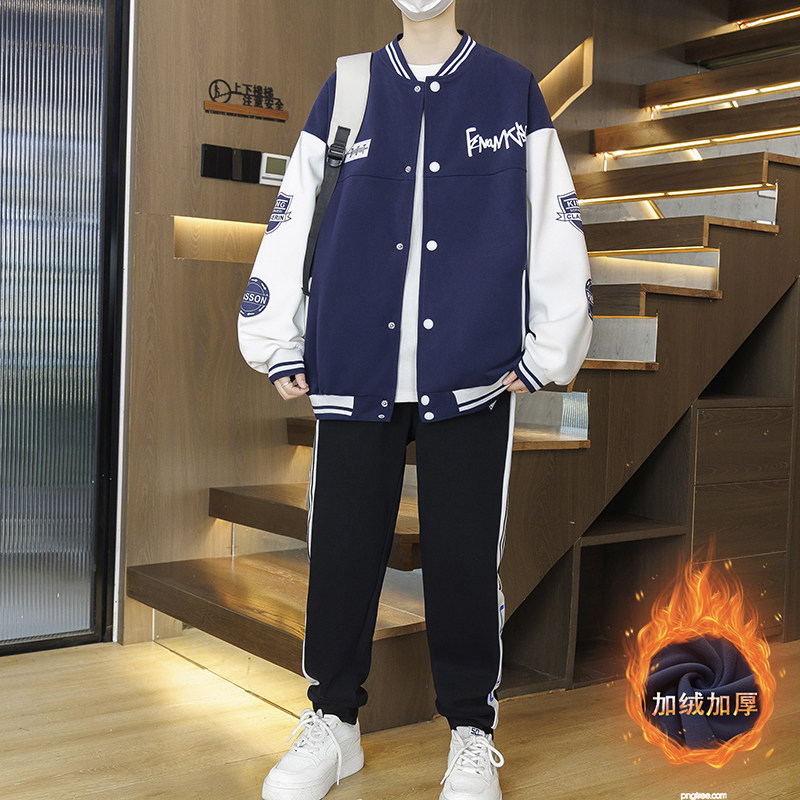 冬季青少年13卫衣开衫男孩14初中学生15岁大童加绒加厚棒球服外套