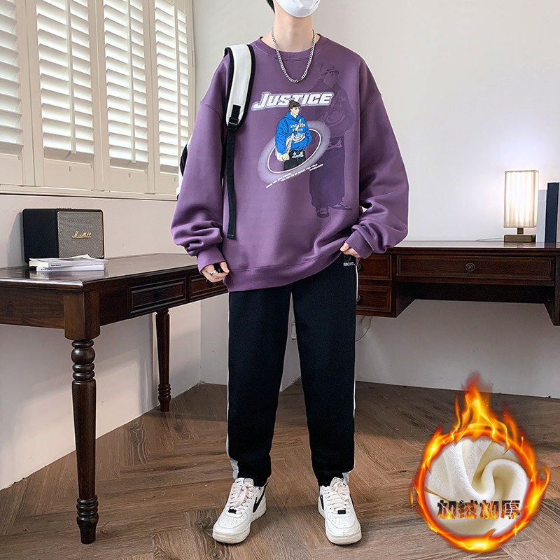 冬季加绒卫衣12岁男孩13中学生14潮流帅气15大童加厚长袖T恤套装