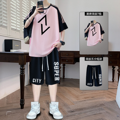 青少年短袖t恤套装男孩纯棉体恤