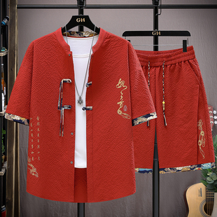 青少年夏季薄款短袖衬衫套装13岁男孩初中学生14大童15中国风衬衣