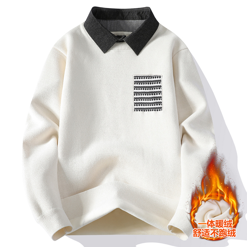 冬季潮流加绒加厚针织衫12岁男孩中学生14青少年16大童衬衫领毛衣