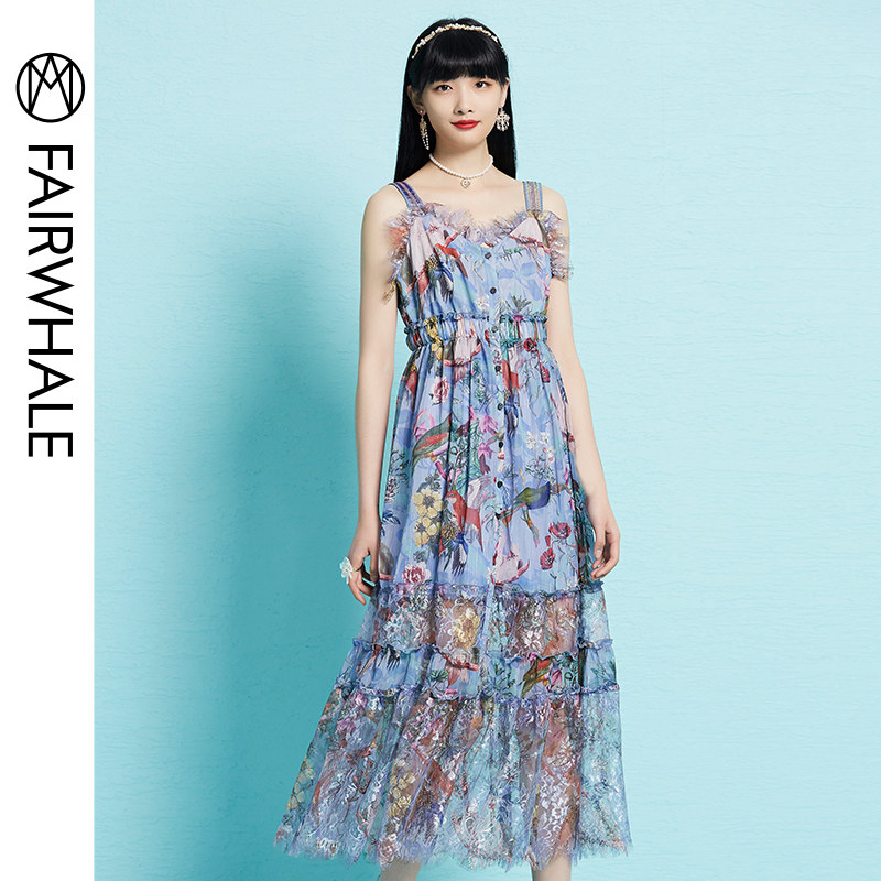 马克华菲女装2020春夏时尚吊带露背网纱拼接裙摆花色无袖连衣裙