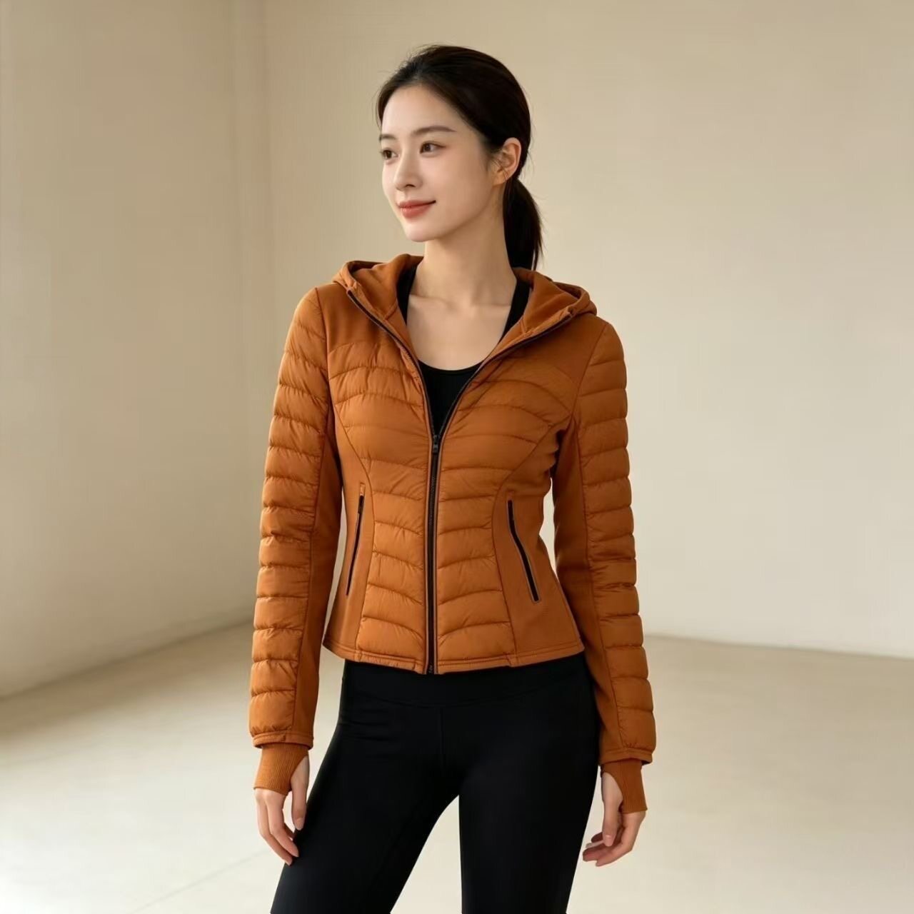 90白鸭绒收腰运动显瘦羽绒服女2026新款轻薄连帽瑜伽服修身外套女