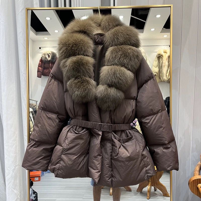 欧洲站2025冬新款奢华狐狸大毛领羽绒服女中长款收腰时尚保暖外套