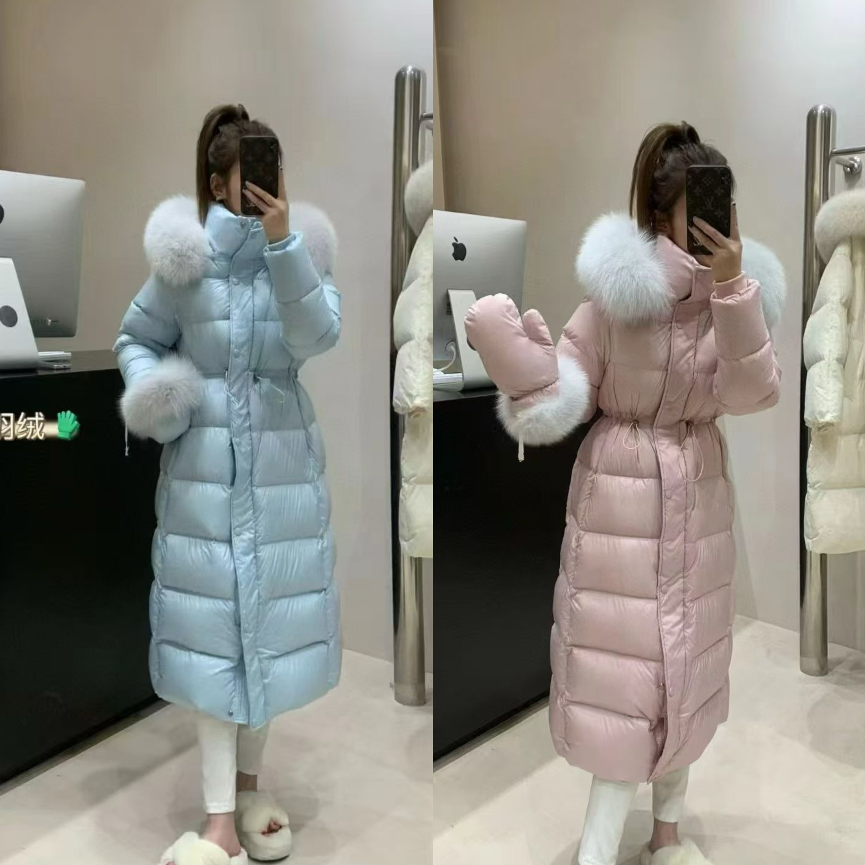 狐狸毛领中长款90白鸭绒羽绒服女