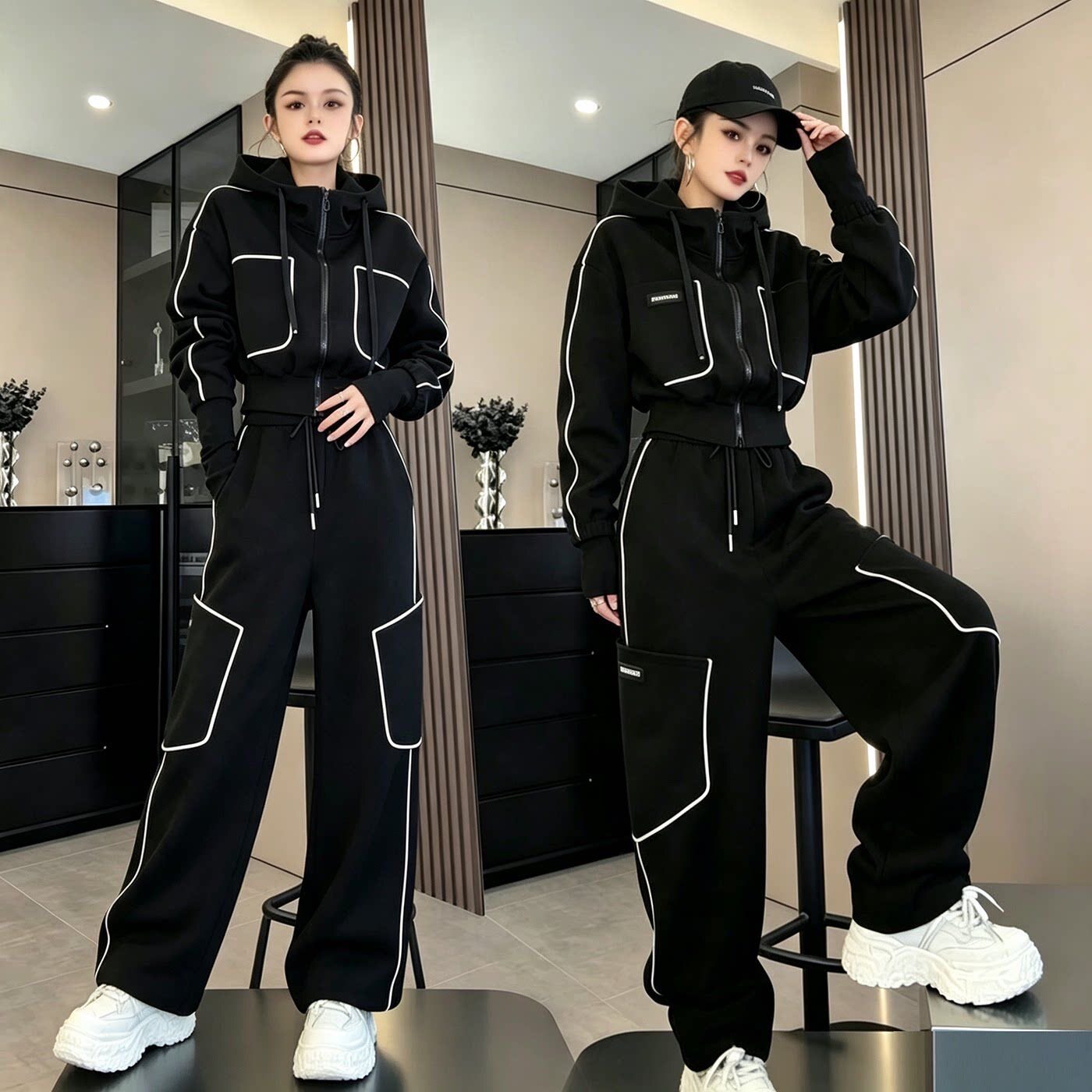 个性潮酷休闲运动套装女2026春秋新款大口袋连帽卫衣弯刀裤两件套