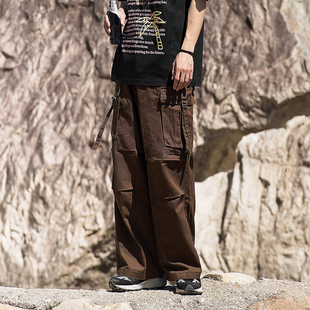 多口袋 工装 飘带 美式 宽松 休闲裤 男女 抽绳 裤 潮牌 棕色 机能