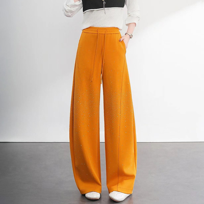 2026新款春装高腰系带松紧腰宽松显瘦百搭烫钻弯刀休闲女裤39509