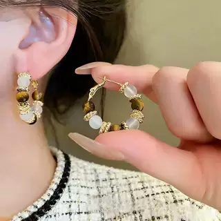 银针镶钻珍珠虎眼石椭圆耳钉法式复古宫廷风耳环轻奢高级感耳饰女,饰品/流行首饰/时尚饰品新,耳环,淘宝优惠券,粉丝福利购,淘宝优惠卷