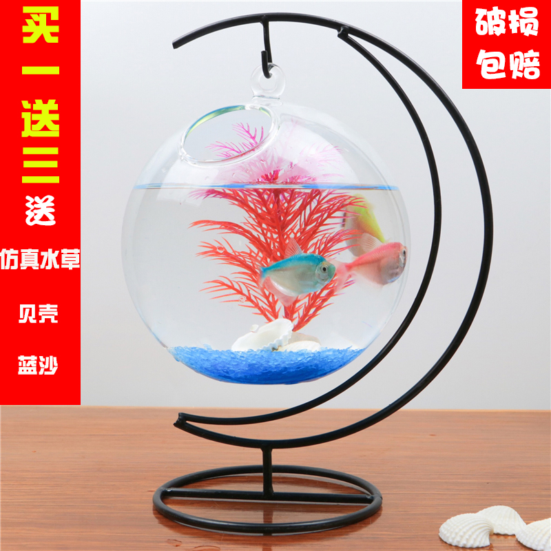 創意家居裝飾懸掛辦公桌面斗魚缸擺件透明玻璃小型迷你圓形金魚缸