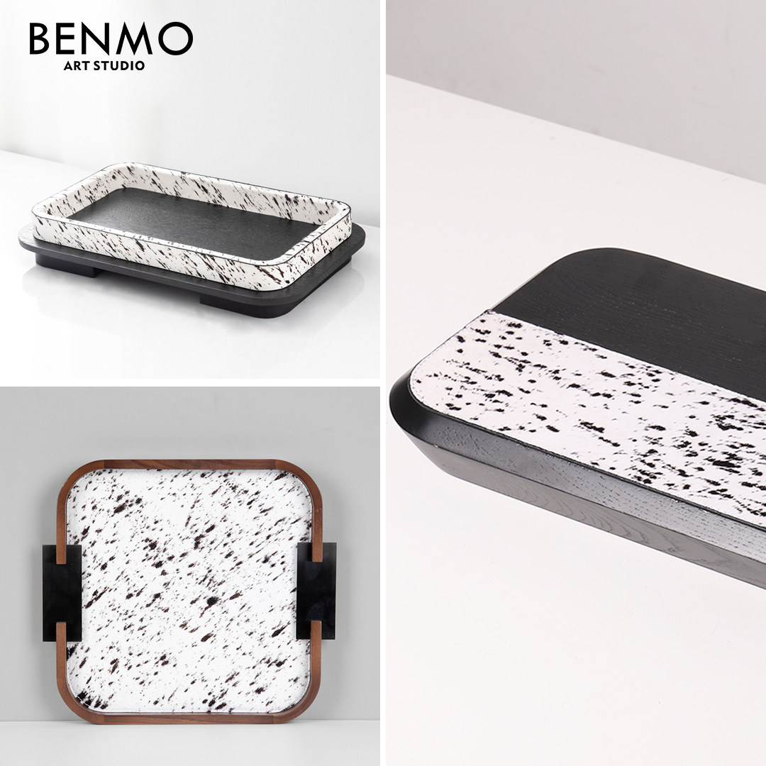 本墨现代轻奢斑点马毛黑漆木长方托盘 样板间民宿酒店衣帽间摆件