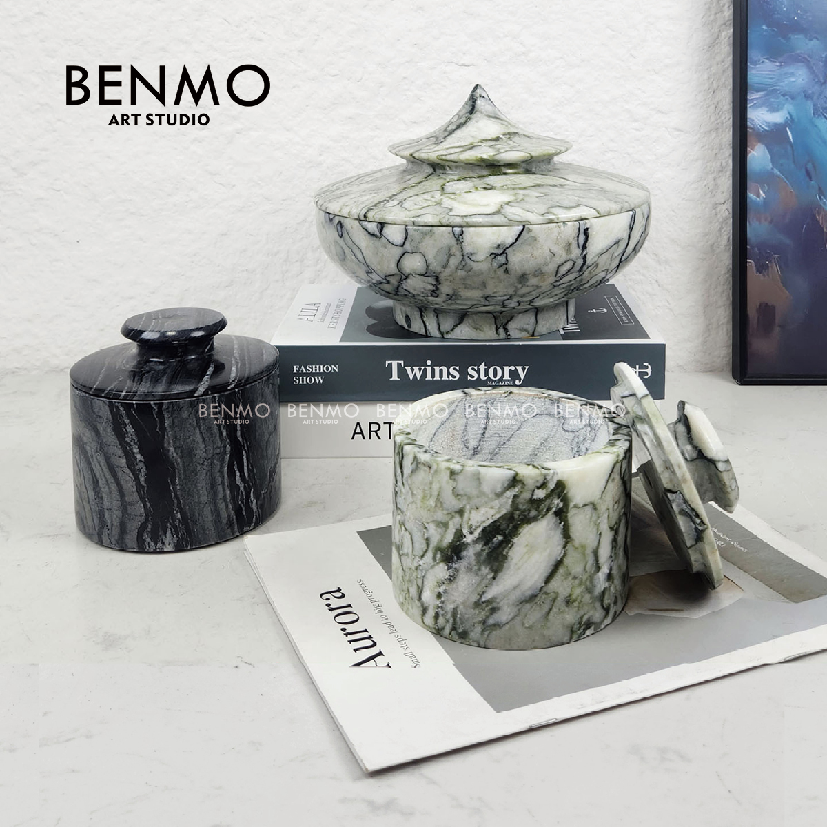本墨 现代新中式大理石储物罐摆件样板间客厅玄关书房果盘装饰品