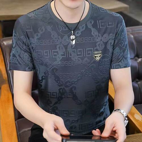 提花冰丝短袖t恤男大码宽松上衣