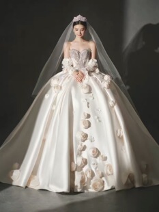 影楼主题服装缎面一字肩礼服重工奢华立体花朵大拖尾在逃公主婚纱