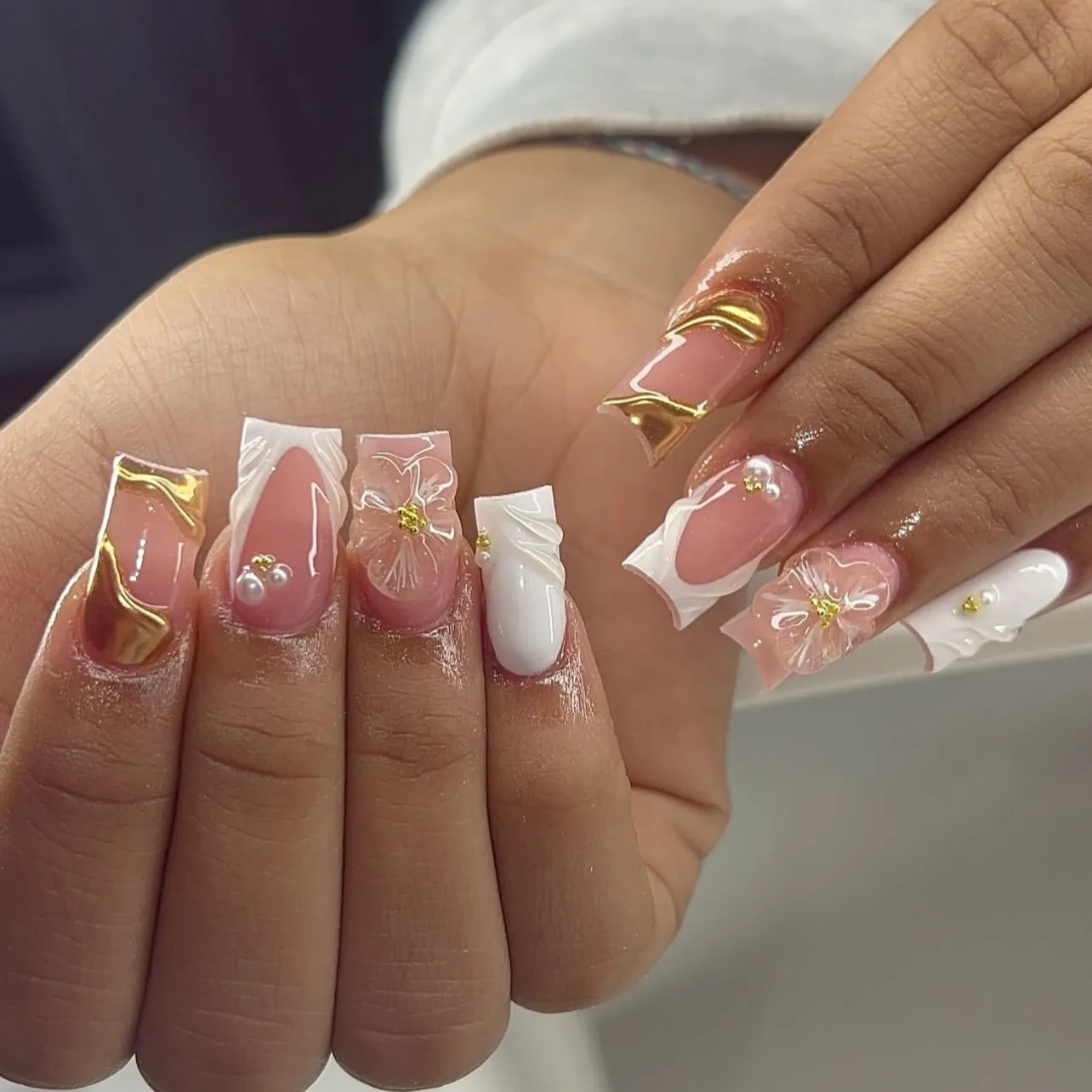 3D太阳花朵穿戴甲简约法式白色美甲甲片中短款方甲press on nails