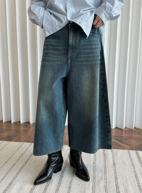 卢浮早春新款美式复古水洗TOMBOY风阔腿牛仔裤潮流宽松七分裤女