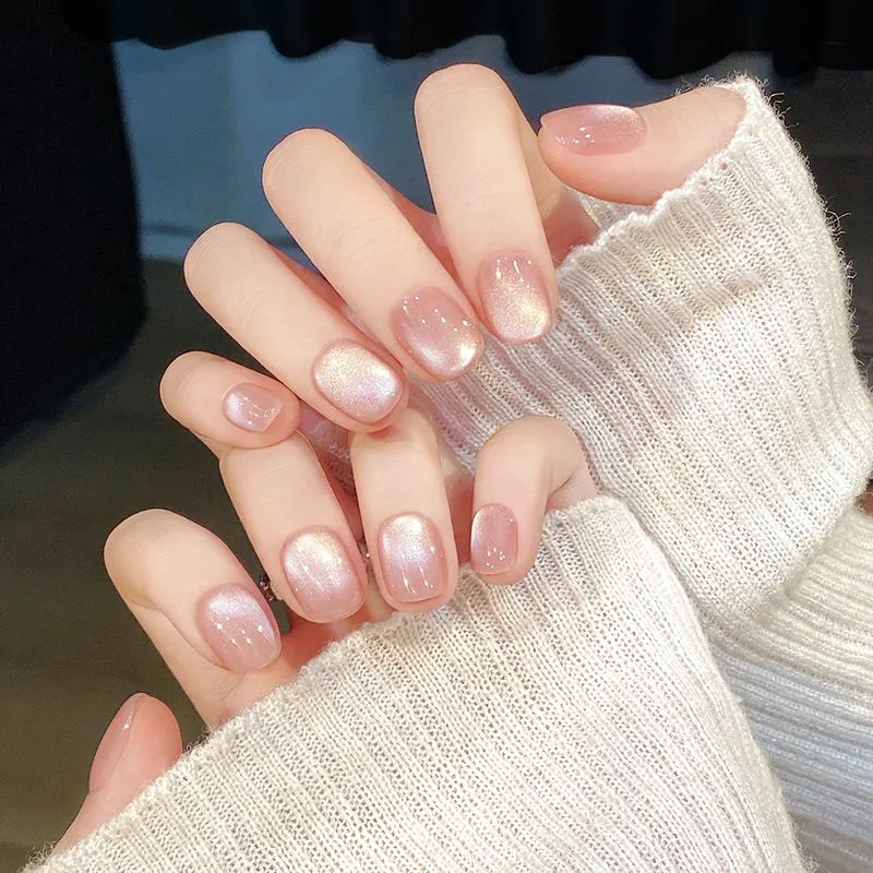 纯手工穿戴甲粉晶猫眼玻璃珠纯色短款秋冬美甲贴片2025年新年款