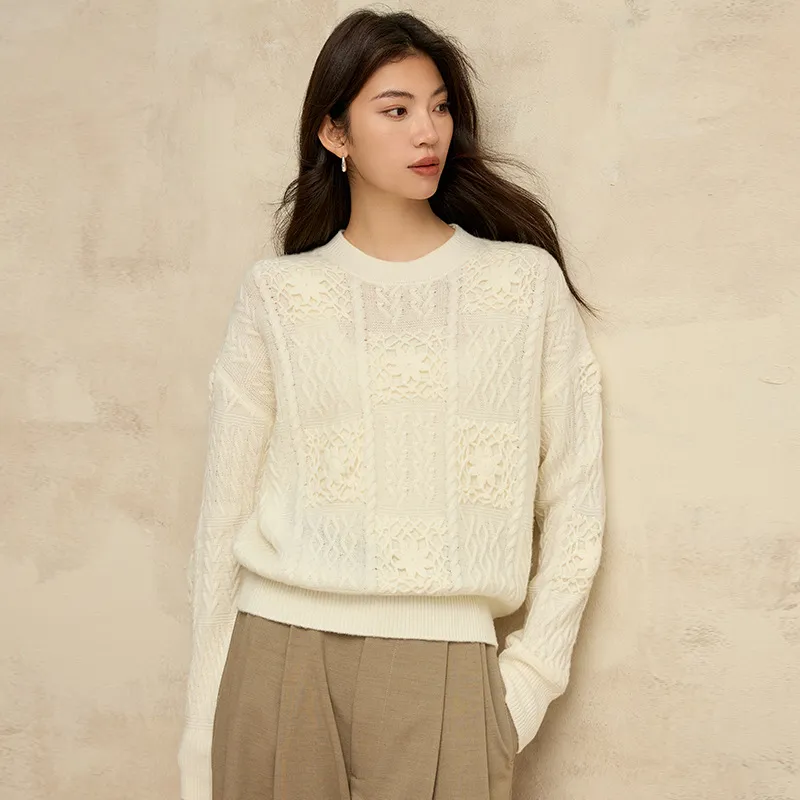 法丽定制手工钩花纯羊毛衫女装25新款提花针织衫套头毛衣秋冬上衣