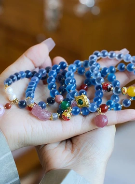 天然蓝色糖心玛瑙手链女四叶草溏心玛瑙复古手串手饰寺庙同款
