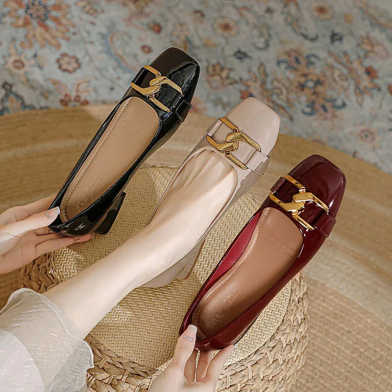 法式方头高跟鞋女粗跟2025年新款红色婚鞋春秋季漆皮中跟浅口单鞋