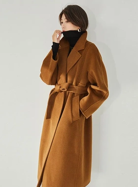 盛宏25秋冬新款M家双面呢分割翻领珠边线羊毛长款大衣外套女11219