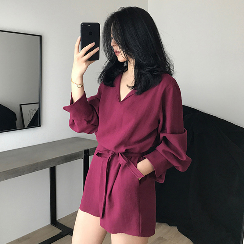 连体裤女短款2023夏季慵懒度假风宽松V领系带高腰显瘦阔腿连衣裤